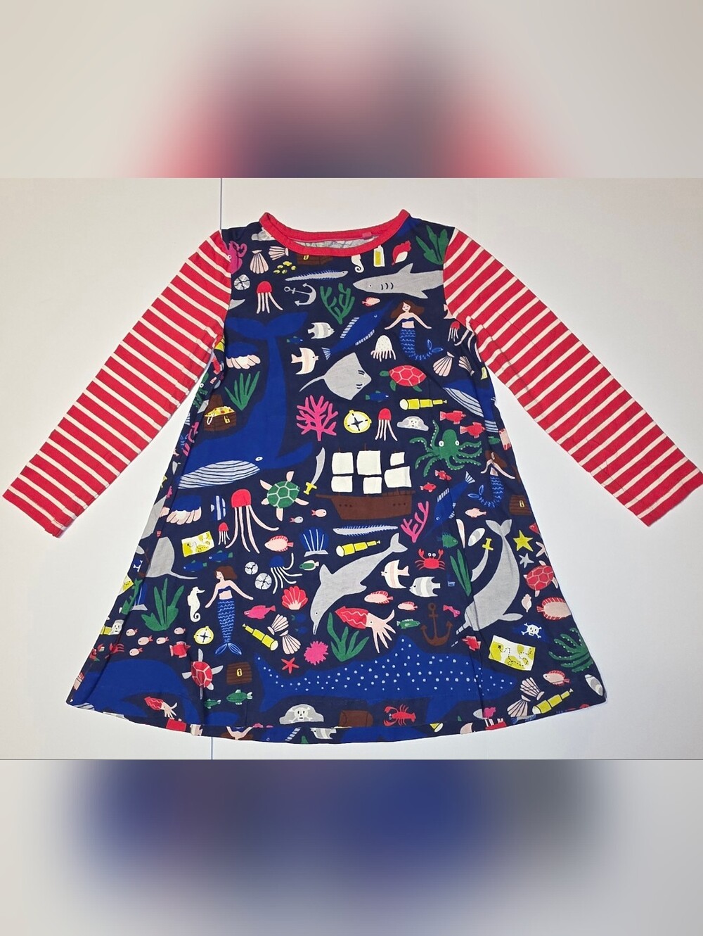 Mini Boden Navy Blue Ocean Print Dress with Red Striped Sleeves 5-6Y